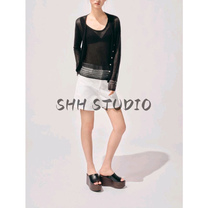 Autumn New Women's Clothing Idle Style Single Row Multi-Buckle Mesh Hem Long Sleeves V-neck Knitted Jacket 2756104