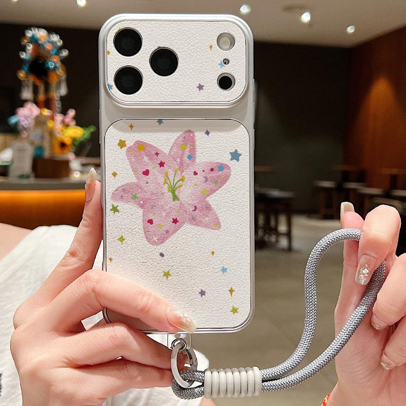 Pink Lily Flower Print Leather Lanyard Case For iPhone 18 Pro Max 17 16 15 14 13 Pro Max Luxury Hybrid TPU+PU Anti-skid Soft Phone Cover