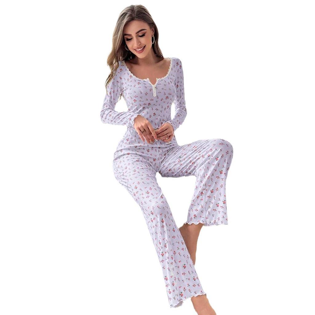 Long-sleeved trousers with small floral print and rolled-edge casual pajamas and home clothes set