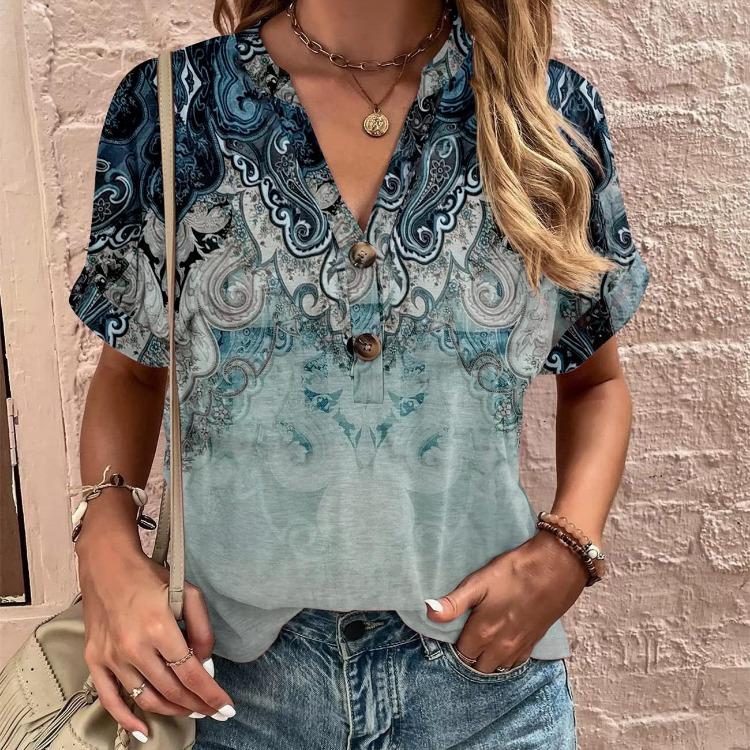 

Fashion Women Short Sleeve Top Printed Spring Summer European American Style 10 Designs XXXL