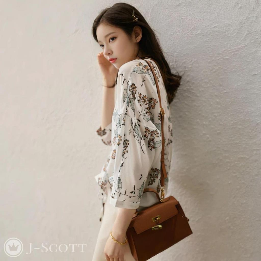 Botanical Print Chiffon Drawstring Sheer Sleeve Balloon J-Scott 3/4 Blouse, White, JS48-WH-XL