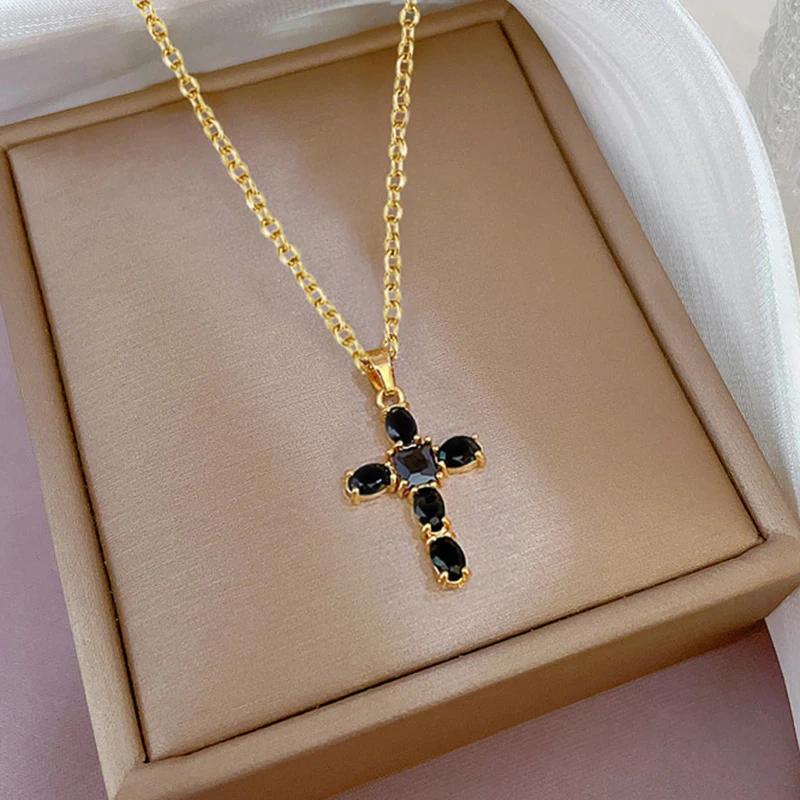 CAOSHI Trendy Cross Pendant Necklace Female Brilliant Zirconia Jewelry for Party Fashion Gold Color Accessories for Anniversary