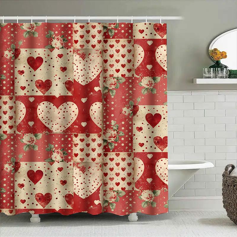 Vintage Heart Floral Shower Curtain Red Beige Decorative Bath Rug Cover For Bathroom Home Decor