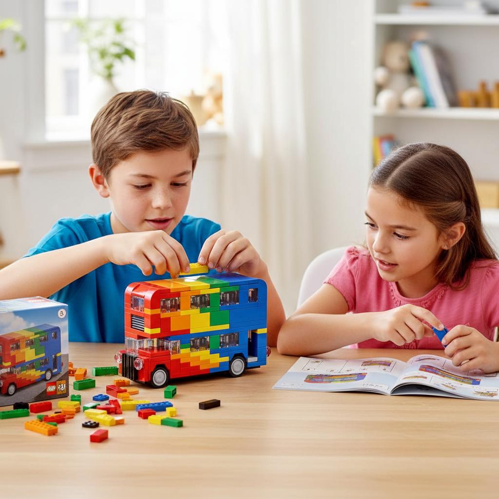 Non-Toxic Moc Rainbow Double-Decker Bus Building Blocks Educational Assembly Model For Kids Perfect Holiday Gift Fosters Creativity
