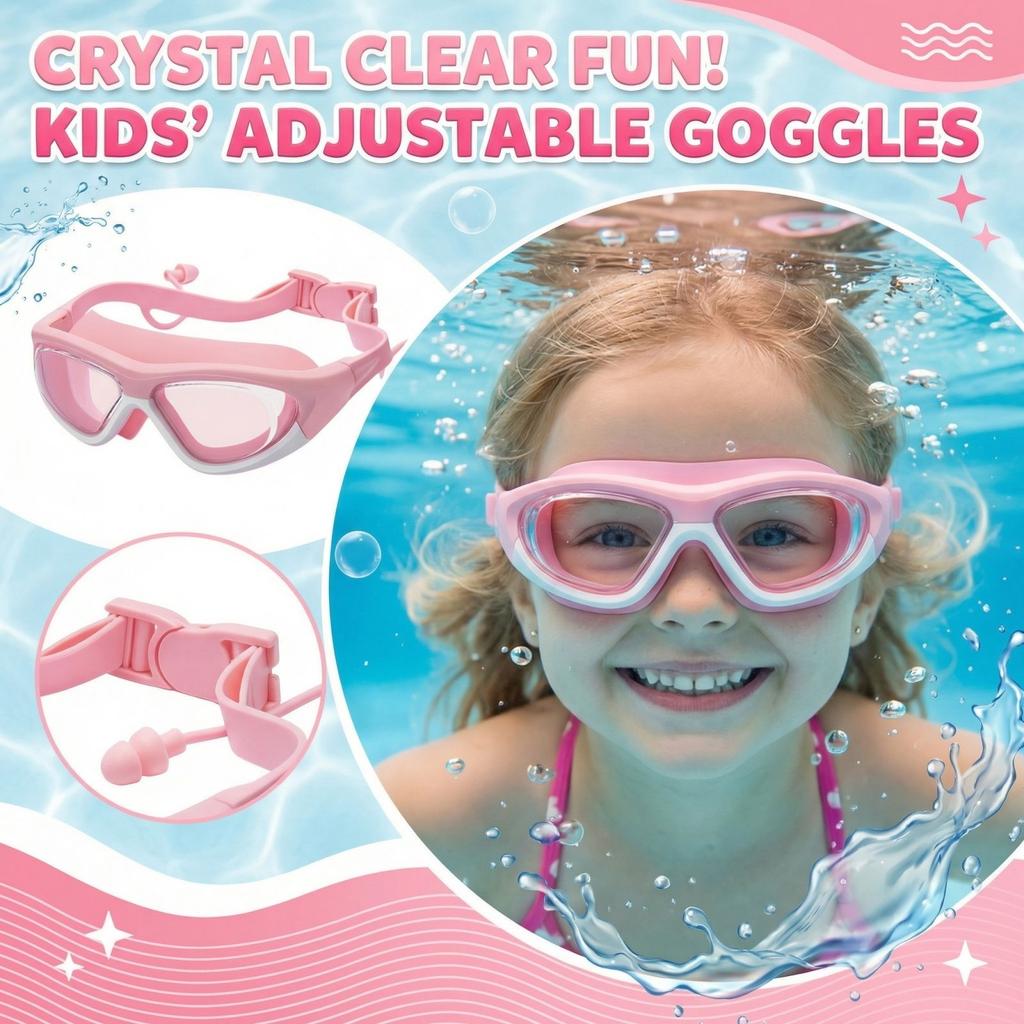 Kids Swimming Goggles with Adjustable Strap Wide Frame Anti-Fog Clear Lenses Comfortable Fit Includes Earplugs for Swimming Training