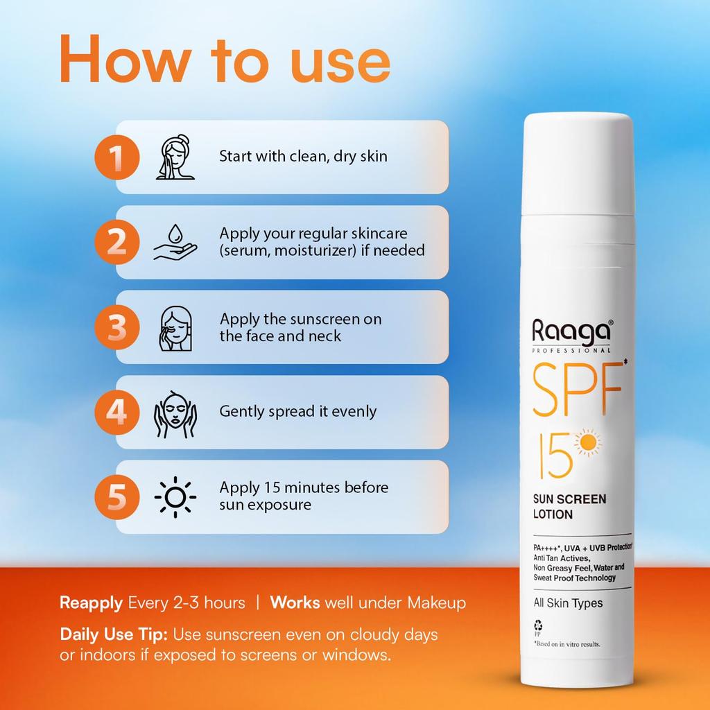 Raaga Professional SPF 15 Sunscreen Lotion PA++++ UVA UVB Protection Non-Greasy Water Proof 55 Ml