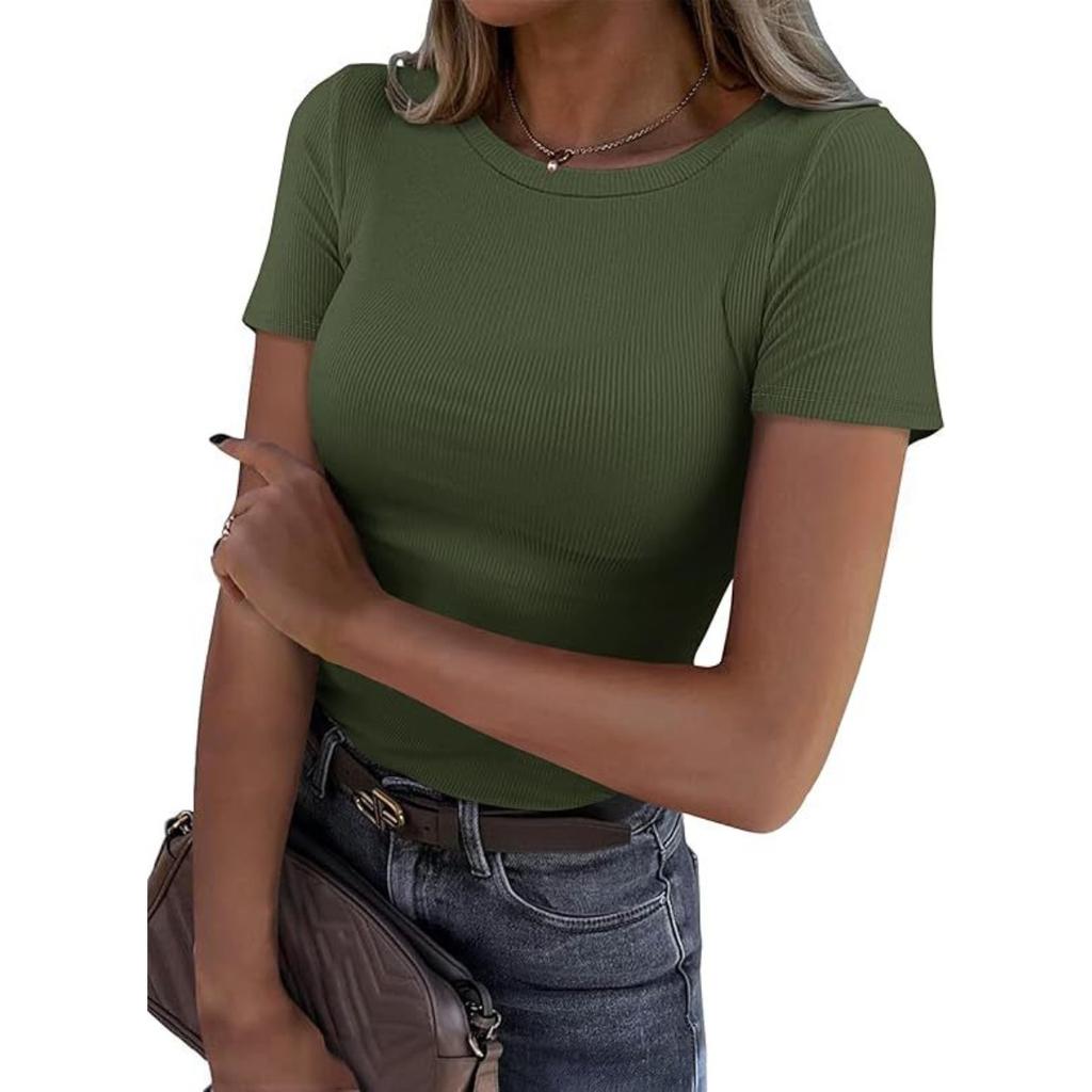 Fashion Striped Round Neck, Slim Fit Women's Short Sleeved T-shirt, Women's Short Sleeved, Elastic Round Neck Ribbed, Slim Fit T-shirt, Women's Top