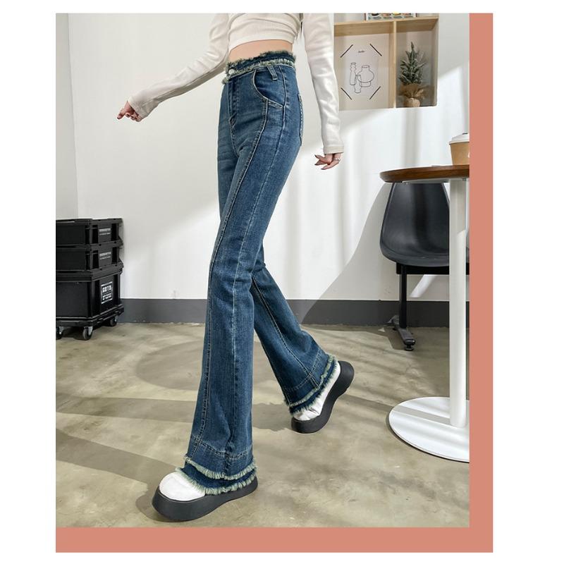 Vår och höst damjeans med hög midja Elastiska smala tunna jeansjeans med breda ben och mikroflare byxor