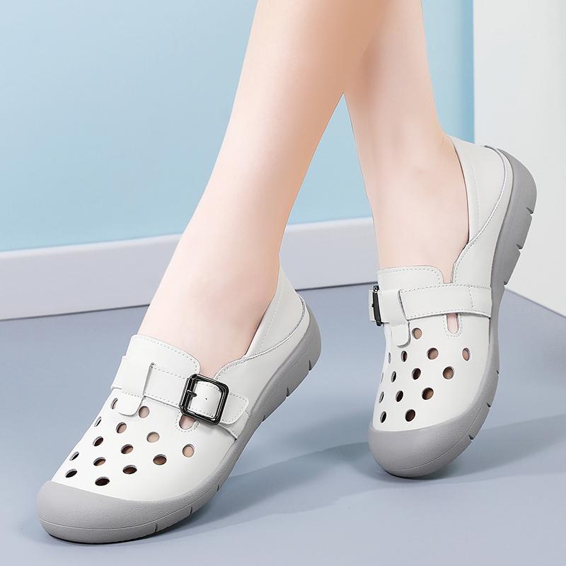 

Women s Breathable Perforated Leather Sandals Buckle Closure Convertible Shoes Non-Slip Casual Footwear for Summer 35 бежевый