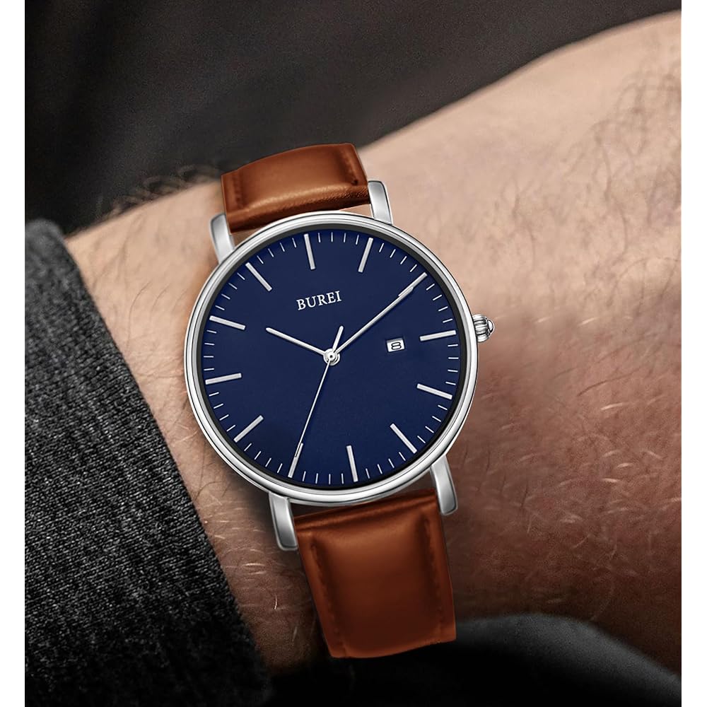 BUREI Men's Analog Watch Blue Brown Leather Waterproof Stylish Casual Timepiece