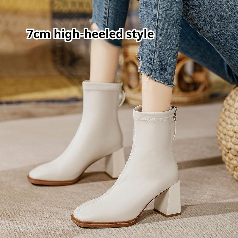 Ghete de damă franțuzești cu toc înalt, până la gleznă, cu toc gros, cizme de modă, piele moale, cizme simple de primăvară și toamnă, cizme cu vârf pătrat
