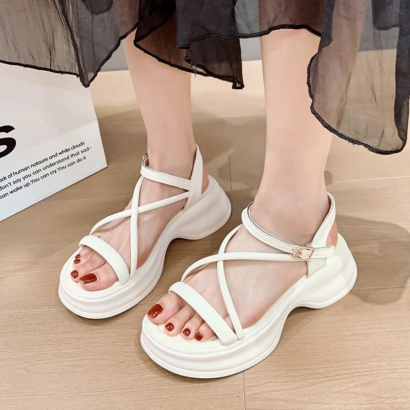 Women's Concise Sandals Platform Sole One-line Buckle Narrow Band Shoes Women Dress Roman Sponge Cake Base Zapatillas De Mujer