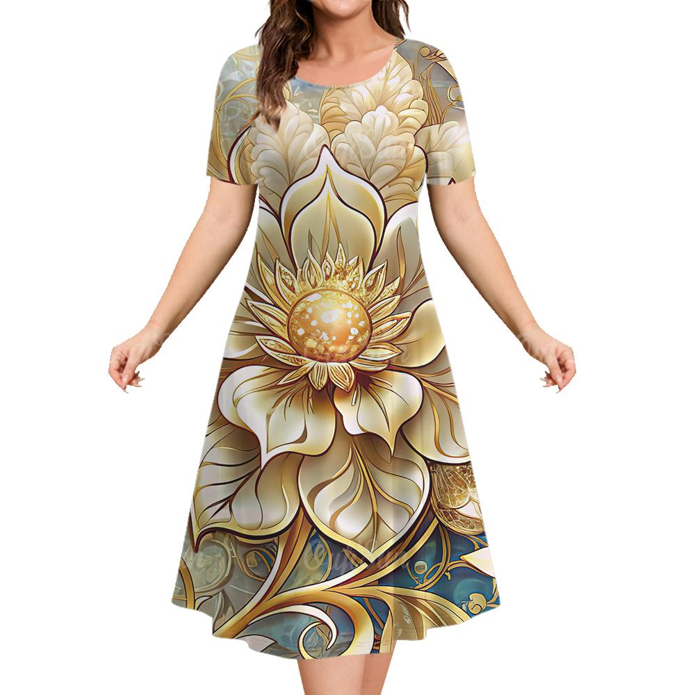 Women Summer Round Neck Short Sleeved Dress 3d Floral Pattern Casual Fashion Clothing Woman Party Elegant Long Skirt Pullover