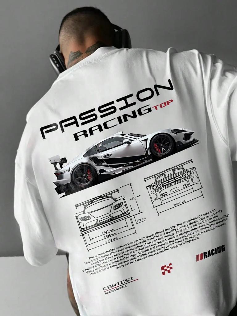 Herren Passion Racing Grafik T-Shirt Weiß Lässig Kurzarm Rundhals mit Vorder- und Rückseite Auto Design Leicht Atmungsaktiv