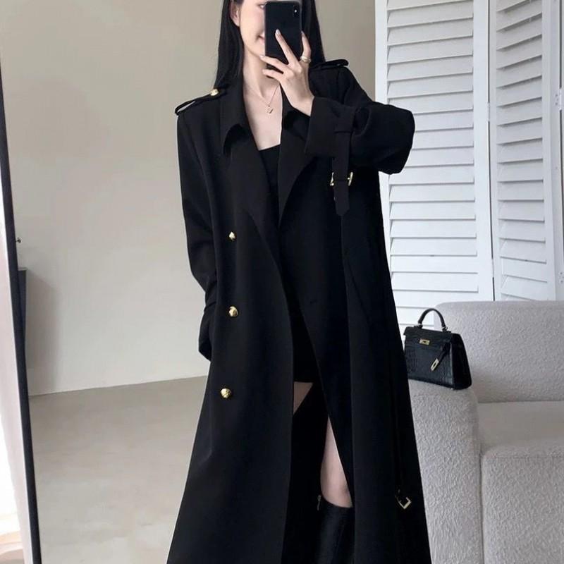 Womens Black Mid-Length Double-Breasted Wool-Blend Trench Coat Chic Office Casual Outerwear