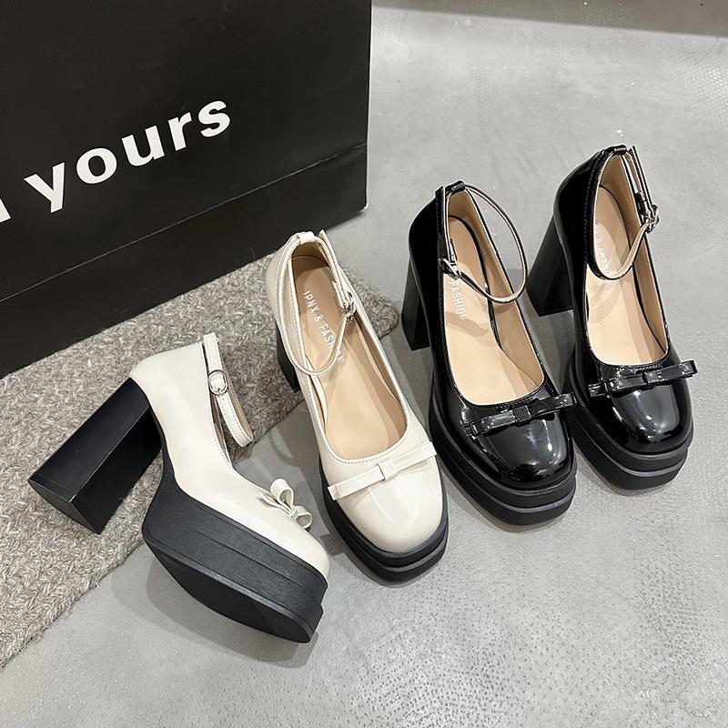 Fashion White Mary Janes High Heels Women Cute Bow Patent Leather Thick Heel Pumps Buckle Strap Lolita Shoes Black Dress Party Shoes