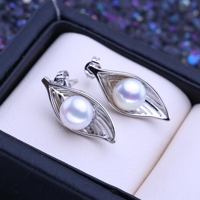 LSOOYH Natural Freshwater Cultured Pearl Earrings Silver Color Leaf Stud Earrings Fashion Gifts For Women Wholesale