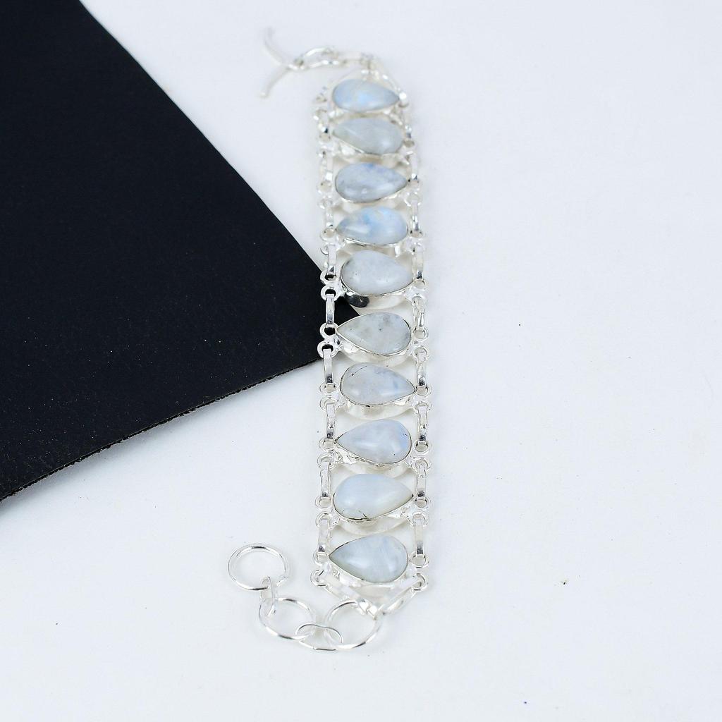 Natural Rainbow Moonstone Gemstone Handmade 925 Sterling Silver Bracelet, Rainbow Moonstone Bracelet For Wife , Unisex Bracelet, Easter Gift