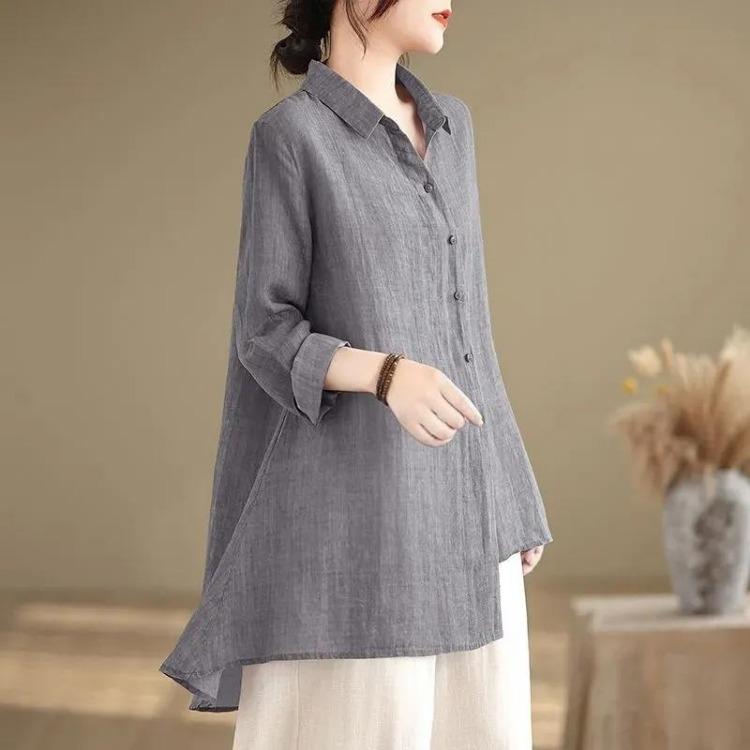 

Women Oversize Cotton Shirt Loose Casual Long Sleeve Blouse Turn Down Collar Pullover Top XL серый