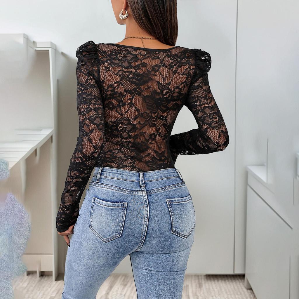 Sexy Summer Women Lace Bodysuits Solid Color Short Sleeve V Neck Tights Jumpsuits