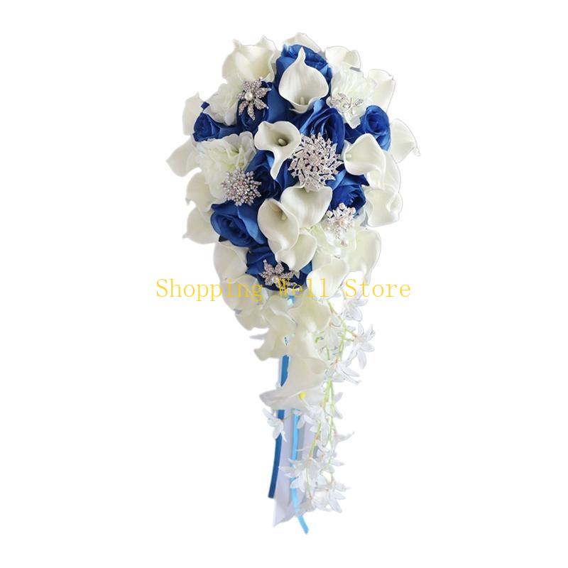 KX4B Artificial Flower Bouquet Diamond Button Waterfall Simulation Fake Flowers for Wedding Party Bride Handheld Photography