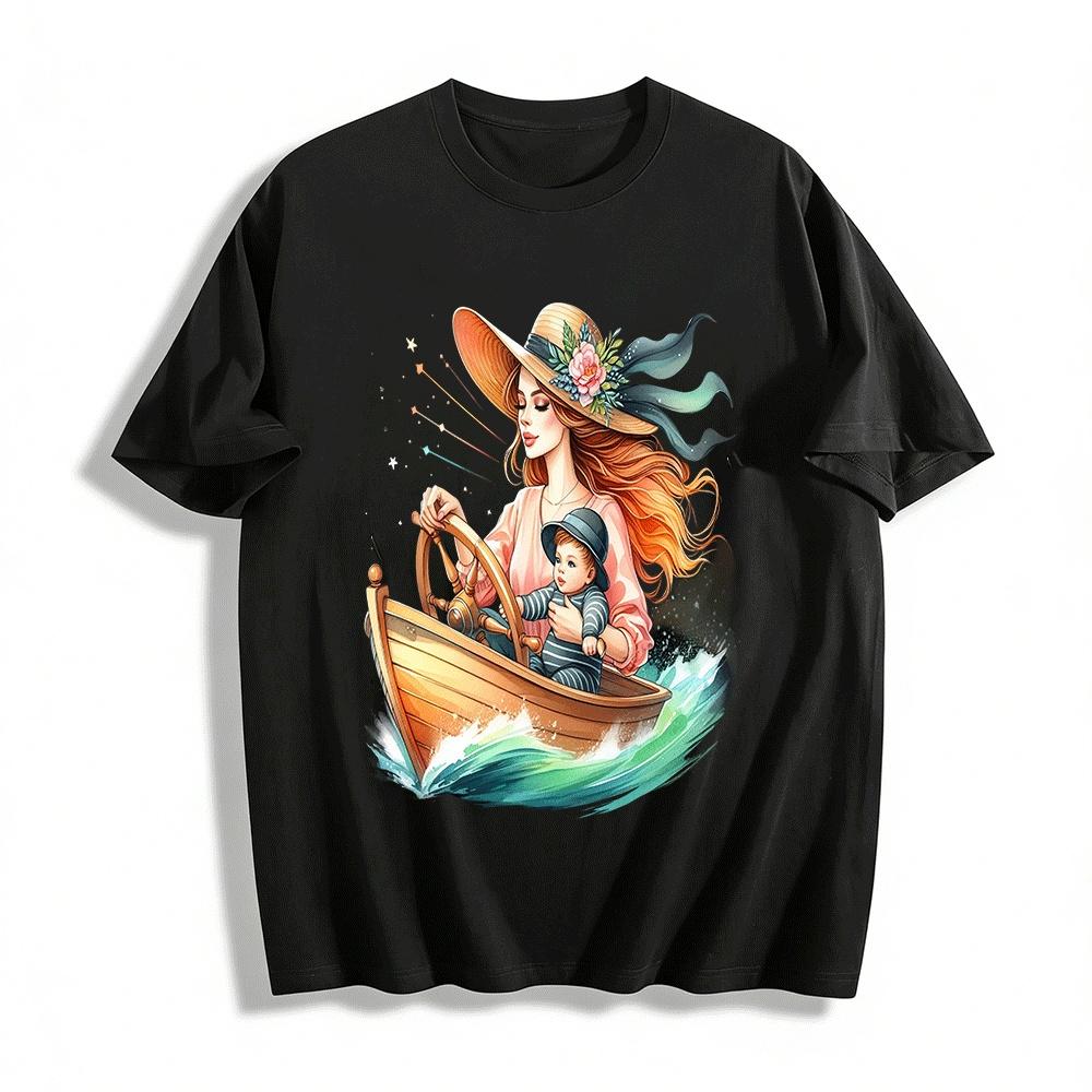Mother And Baby Sailing Print Casual Top For Women Pure cotton T-shirt XXS
