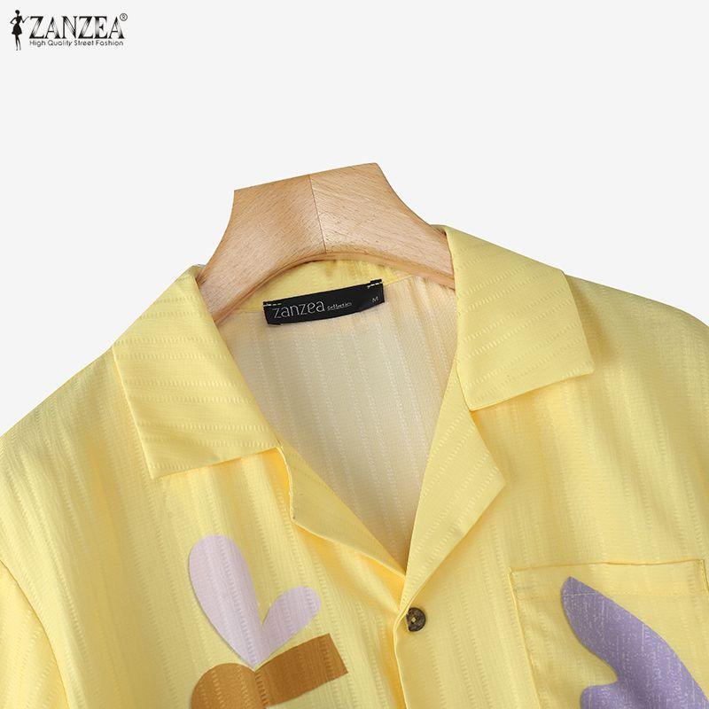 ZANZEA Women Casual Turn Down Collar Short Sleeve Loose Print Blouse