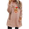 Women's Christmas Deer Print Round Neck Loose Fitting Long Sleeve Pocket Plush Hoodie