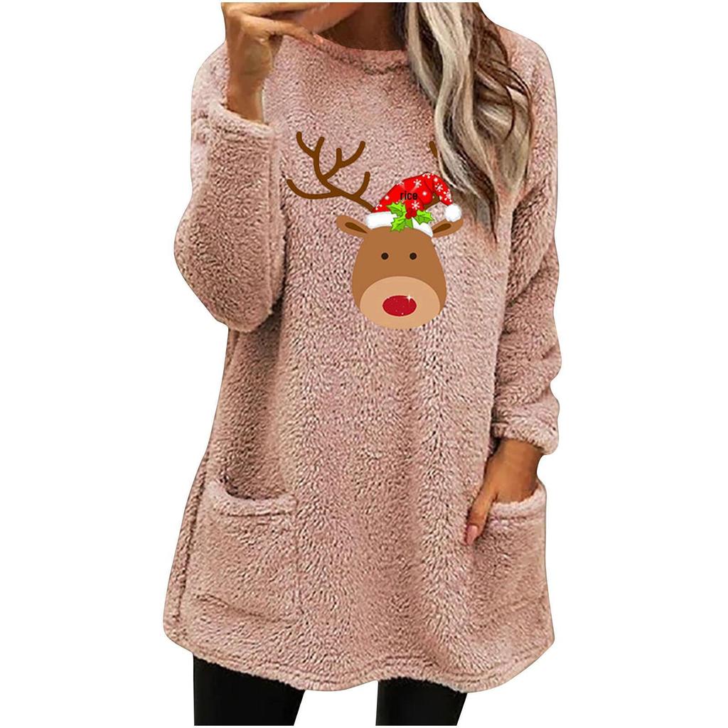 Women's Christmas Deer Print Round Neck Loose Fitting Long Sleeve Pocket Plush Hoodie
