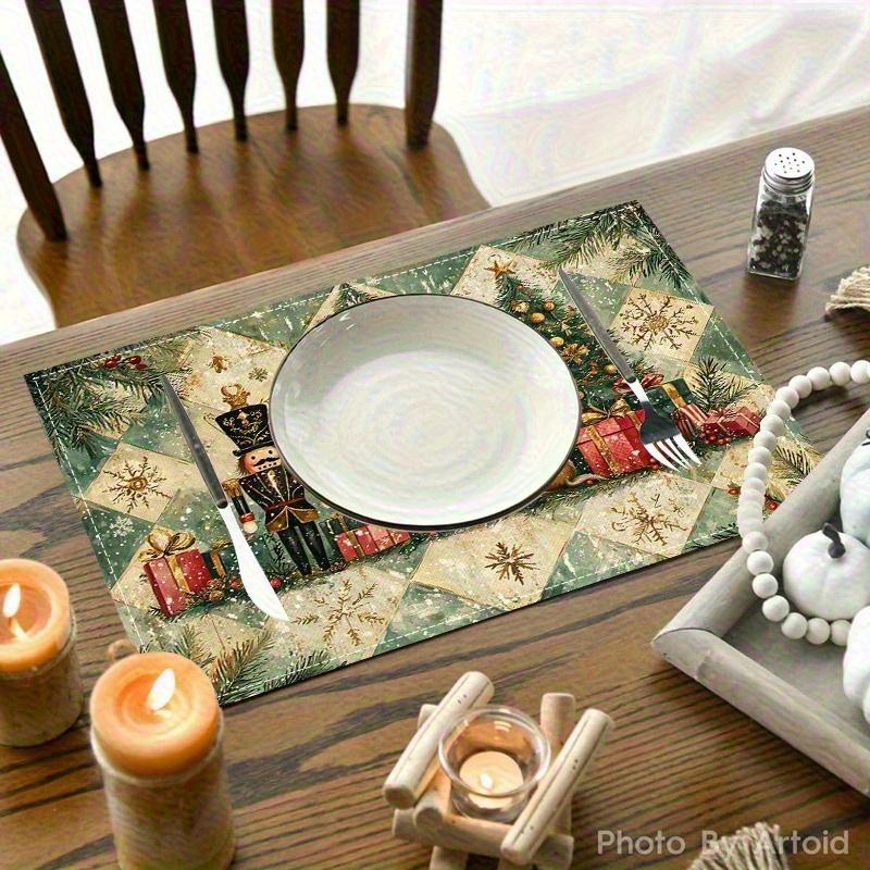4pcs Linen Placemats Set, Christmas Tree Dancer Nutcracker Pine Branch Snowflake Design, Suitable for Kitchen Dining Table Decor, Home Party Dinner