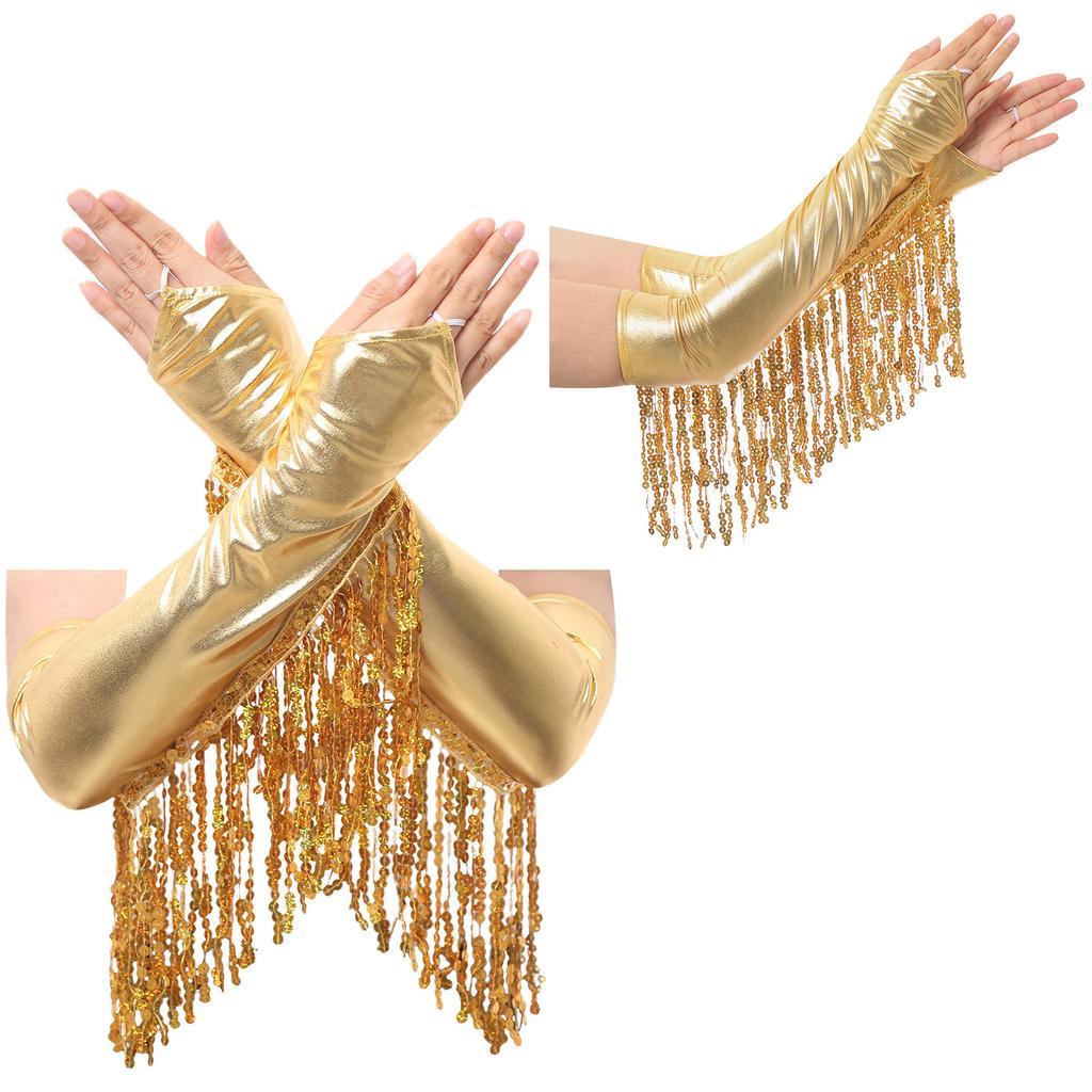 Adult Elbow Length Fingerless Gloves: Sparkling Sequined Tassel Design, Metallic Shiny Stage Opera Cosplay & Party Mittens