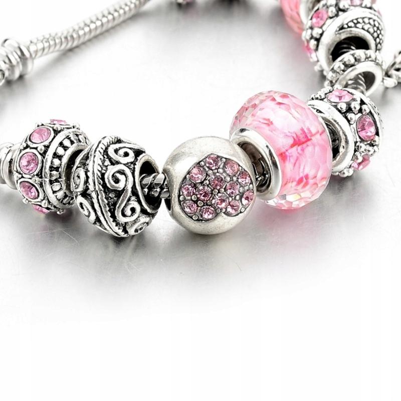 Bracciale Modulare Argento Perline Rosa Ciondoli Regolabile 19 - 22 cm