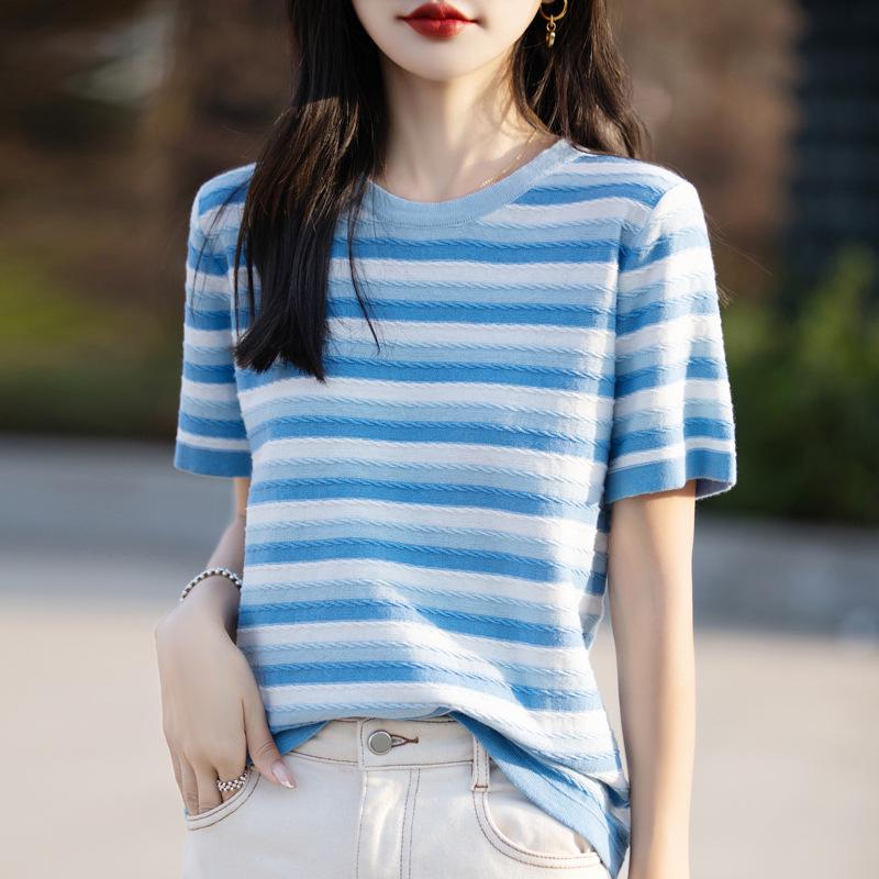 2024 Frühherbst Damen Baumwolle Farbblock Gestreiftes T-Shirt