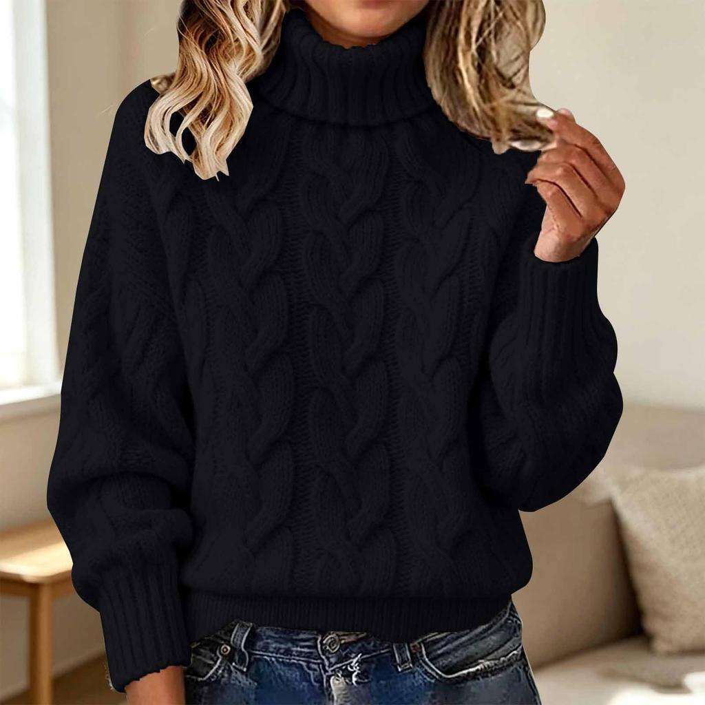Damen-Strickpullover mit Rollkragen, langen Ärmeln, einfarbig und mit Zopfmuster
