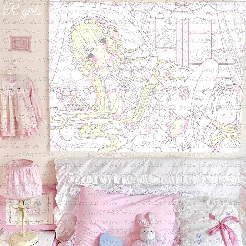 Kawaii Home Decor Wall Hanging Tapestry Anime Pink Girl Tapestry Wall Bedroom Background Decor Cute Fashion Lady Tapestries