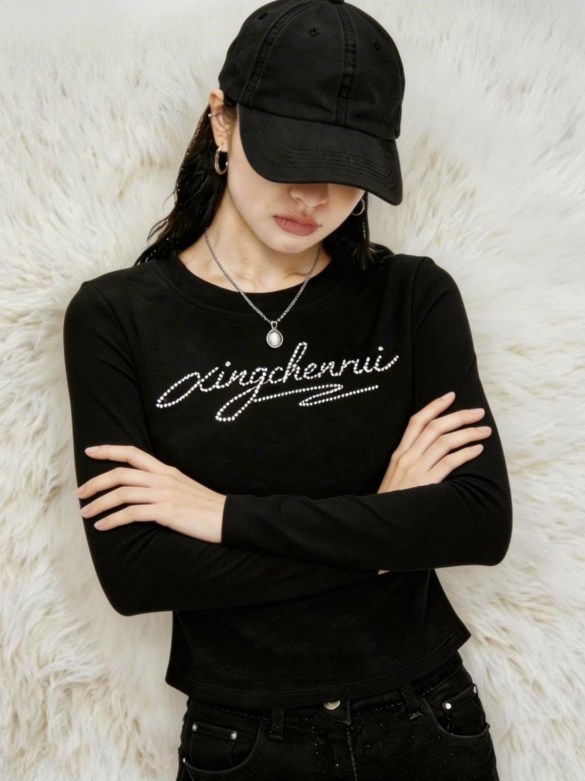 

Autumn/Winter Sparkle Diamond Long Sleeve Ribbed Top with Velvet S