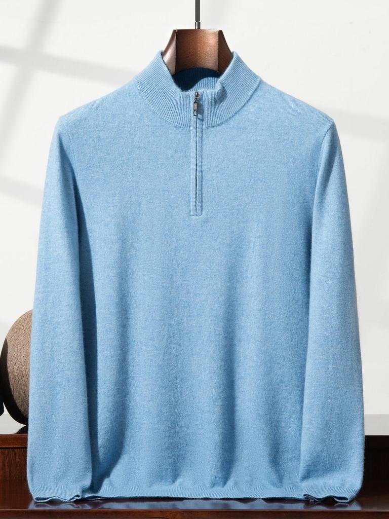 Eleganter Herren-Halbreißverschluss-Kaschmirpullover, einfarbige Strickware mit Stehkragen, Business Casual Pullover