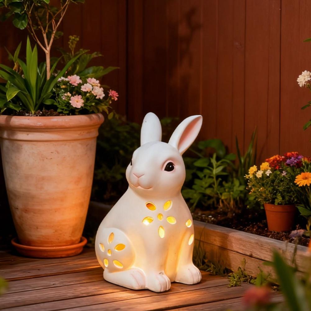 Easter Solar Lighted Bunny with Hollow Details for Lawn Garden Decoration Weather Resistant Resin Rabbit Ornament White