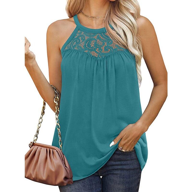 Summer Fashion Lace Sleeveless Blouse For Women Hollow Out Sexy Casual Loose Vest Shirt Halter Solid Printing Top 25193