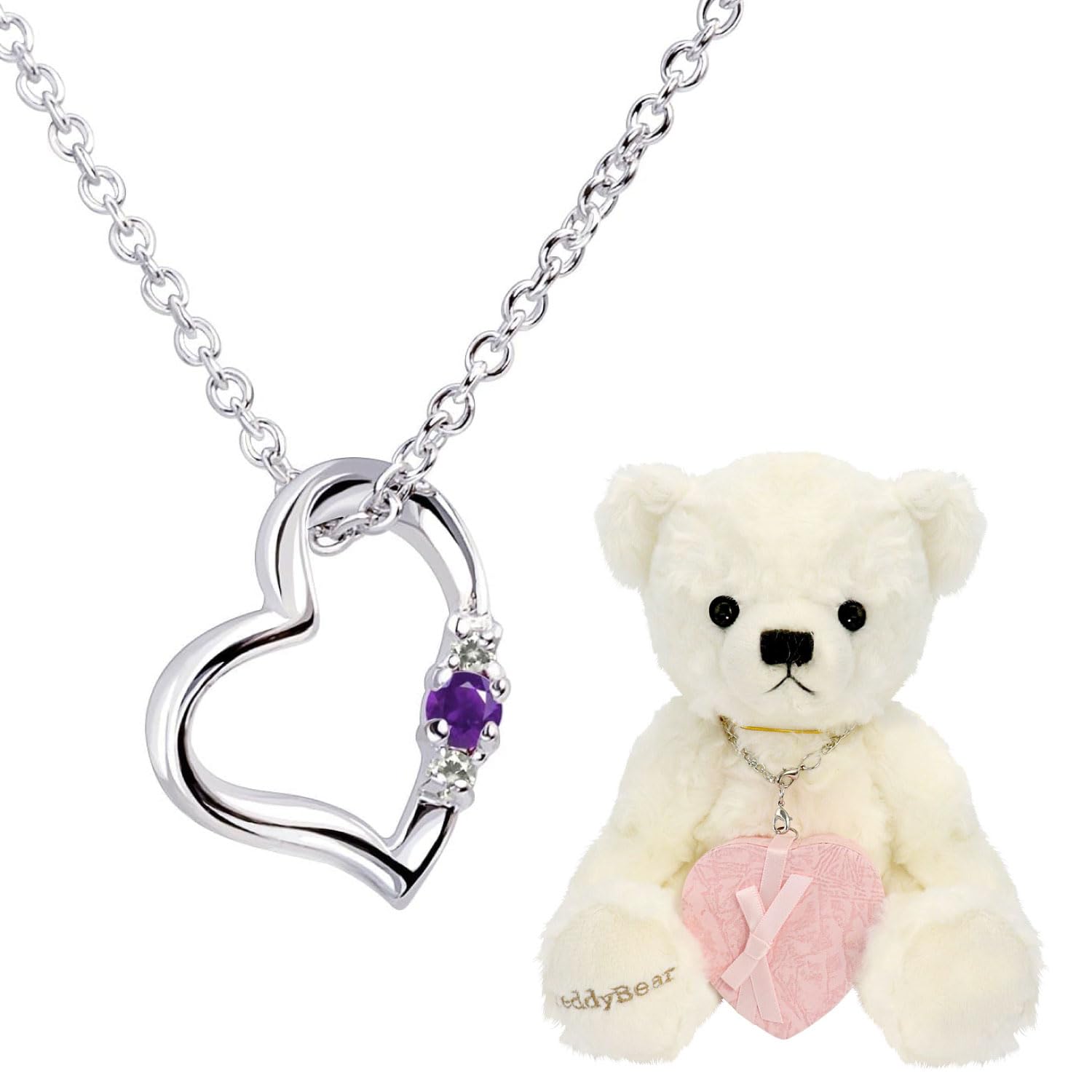 

Natural Diamond Heart Necklace for Teddy Bear Plush Toy February Amethyst Pearl White Bear [Sears] Women, Set, 1491-tdt-01-w2