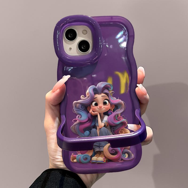 Mädchen mit lila Haaren Kette Geeignet für Apple 16promax Handyhülle 15 Niedlicher Cartoon 14 Doppelhalterung 13 Weiches Silikon