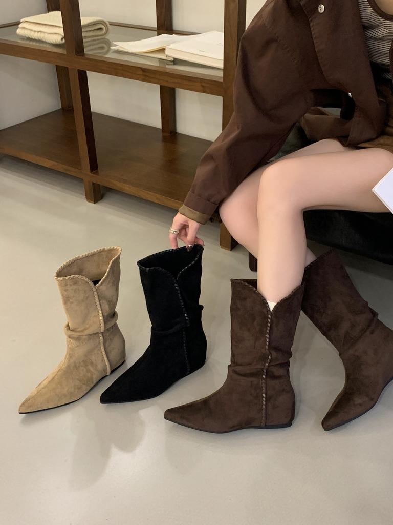 2025 new retro stacking boots inner height increase and thin thick heel short boots women's brown pointed mid tube western boots