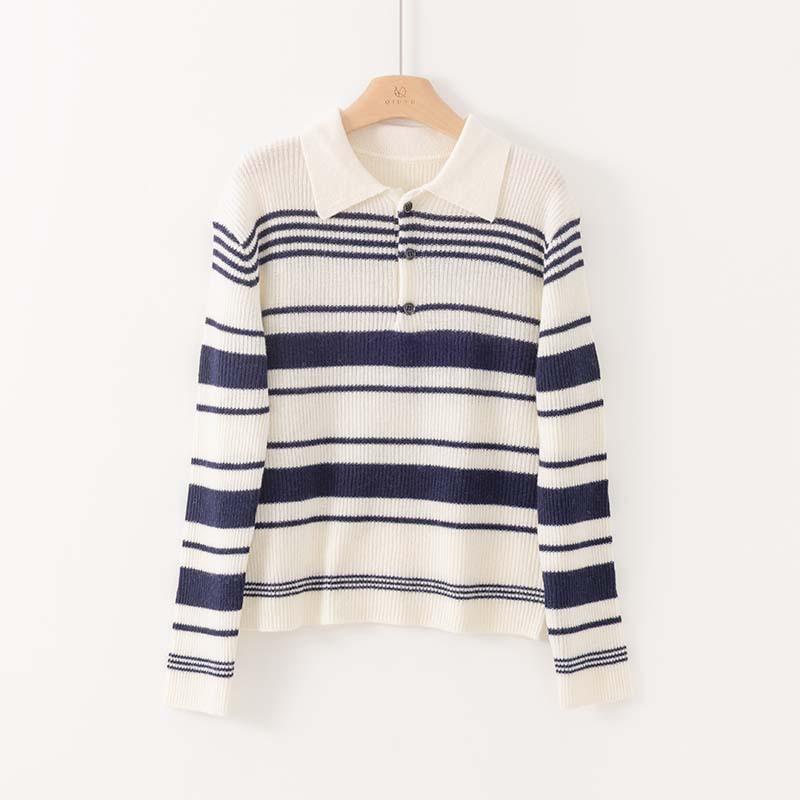 

Soft waxy retro polo collar striped contrasting color Quan wool knitted sweater women s early autumn new inner pullover bottoming shirt M