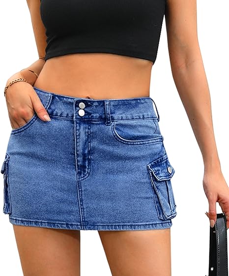Dámská cargo sukně Y2k s nízkým pasem na knoflíky bodycon Denim Mini sukně s kapsami s klopou