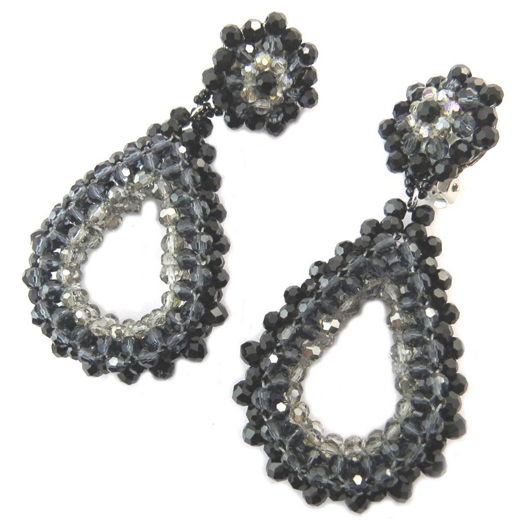 Lily-Crystal [P3694] - Clips d'oreilles artisanales 'Callas' gris noir - 8x4 cm