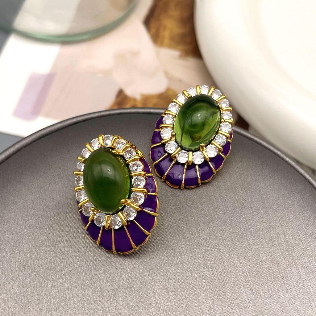 Vintage High-End Zircon Enamel Stud Earrings - Retro Light Luxury Jewelry for Women
