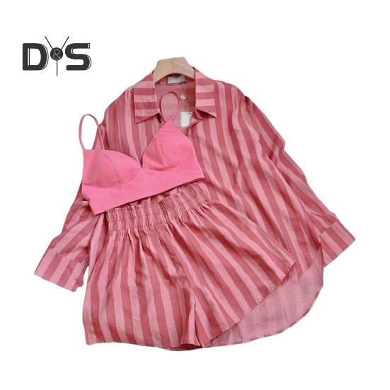 Dámská pruhovaná košile a šortky Sada Dvoudílný oblek Volný střih Ležérní košile Kalhoty Jednobarevný Top s dlouhým rukávem Krátké letní outfity pro ženy