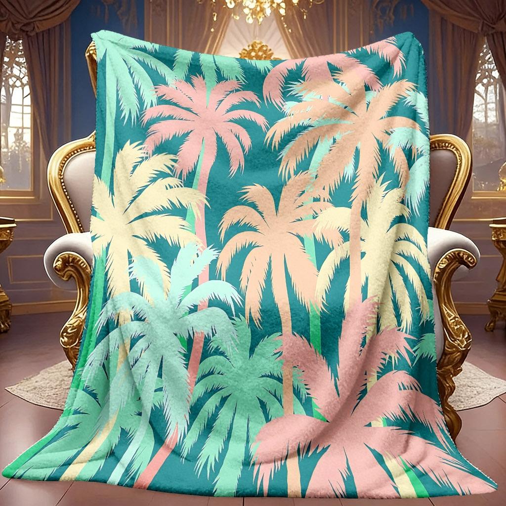 1pc 2D Tropical Palm Tree Theme Pattern Flannel Blanket, Soft HD Digital Print, Cooling Blanket Suitable for All Seasons! Soft And Breathable 100% Pol