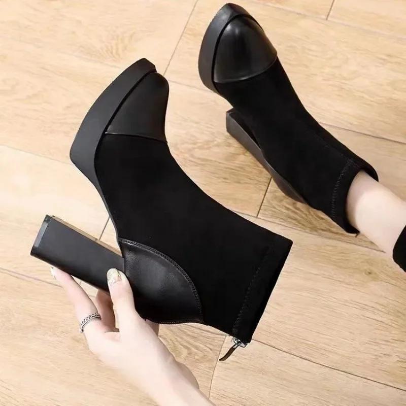 2025 Shoes for Women Ankle Women's Boots Platform Modern Boots Women Flock Back Zip Pointed Toe Chunky High Heels Shoes Female