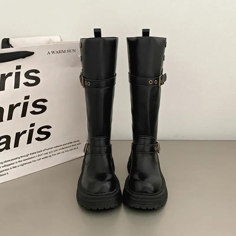 Winter Platform Women Thigh High Boots Fashion Belt Buckle Long Booties Vintage Square Low Heels Ladies Shoes